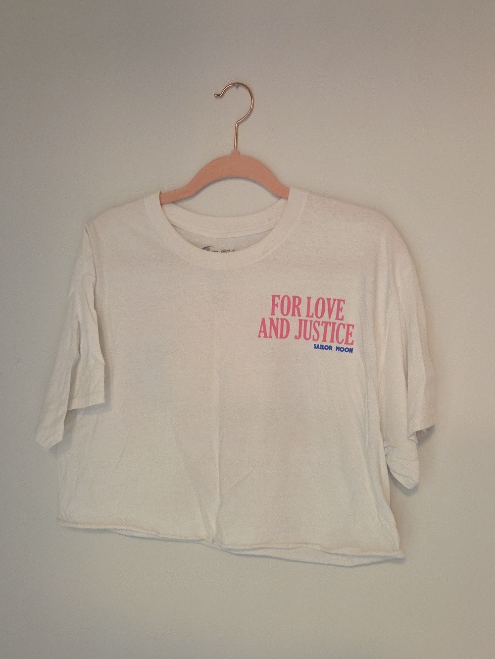 Forever 21 White Cropped Tee with Pink & Blue Sailor Moon Text